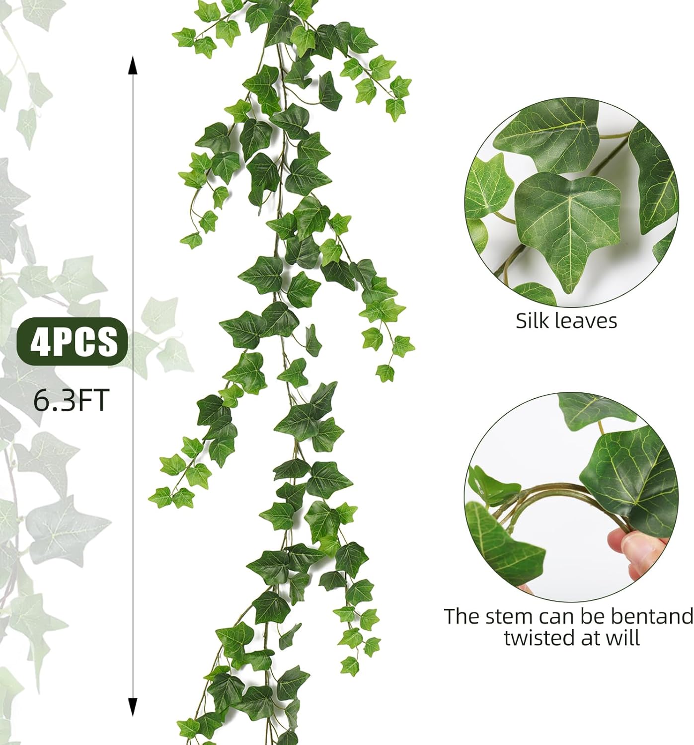RECUTMS 4Pcs Artificial Ivy Garland Hanging Vine Leaves Fake Silk Greenery Plants for Boho Decor Home Wall Party Wedding Bedroom Decoration UV Resistant 74.8in