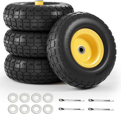 【UPGRADED】4.10/3.50-4 Tire and Wheel Flat Free, 10" Air Less Tires Wheels with 5/8" Center Bearings, 4.10/3.50/4 tires for Hand Truck/Trolley/Garden Utility Wagon Cart/Wheelbarrow/Generator, 4 Pack