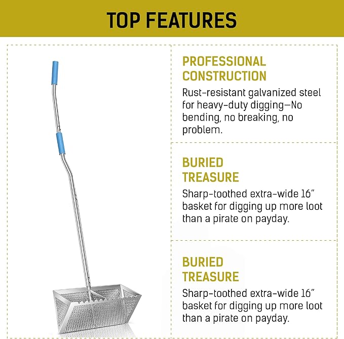 LOSTRONAUT Sand Flea Rake Pro, 52" Heavy Duty Beach Rake with Large 16" Basket, Sand Crab Catcher with Non-Slip Comfy Ergonomic Handle for Collecting Fleas, Shark Teeth, and Seashells - Beach Sifter