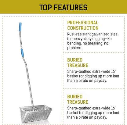 LOSTRONAUT Sand Flea Rake Pro, 52" Heavy Duty Beach Rake with Large 16" Basket, Sand Crab Catcher with Non-Slip Comfy Ergonomic Handle for Collecting Fleas, Shark Teeth, and Seashells - Beach Sifter