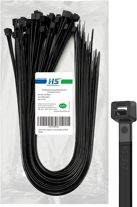 HS Long Heavy Duty Cable Tie Straps Plastic (50 Pack) Outdoor Strong Large Zip Ties 30