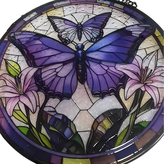 Butterfly Handmade Stained Glass Window Hanging Suncatcher with Chain - 7.9" Outdoor/Indoor Art