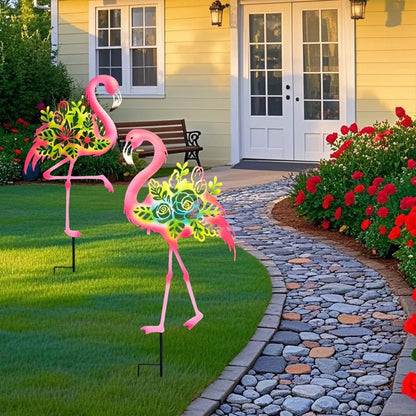 Pink Metal Flamingo Garden Statue - 20.5 inch Hand Flamingo Painted Metal Patio Art, Outdoor Decorative Stake Flamingo Statue for Lawn, Patio, Porch and Backyard, Gifts for Ladies (B Style 2 Pack)