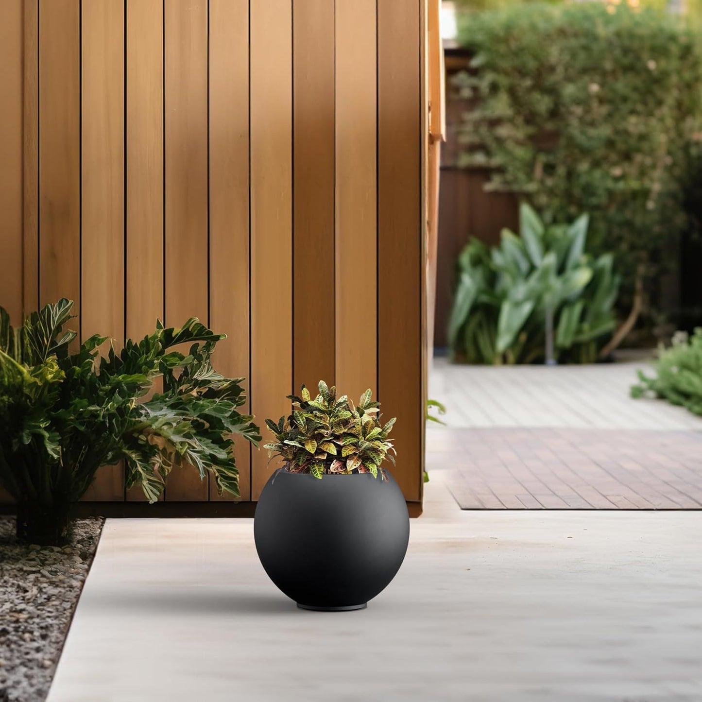 Kante Round Concrete Flower Pot, 11 Inch Dia (7.9" Opening) Sphere Shape Design Planter with Drainage Hole and Rubber Plug for Indoor & Outdoor Plants, Black Finish with Warm Brown Interior