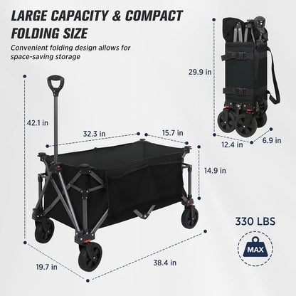 EAGLE PEAK Heavy-Duty Collapsible Folding Utility Wagon, All Terrain Garden Hand Cart with Large Size Pocket and Cup Holders for Sports, Beach, Camping, Garden, and Grocery, Black