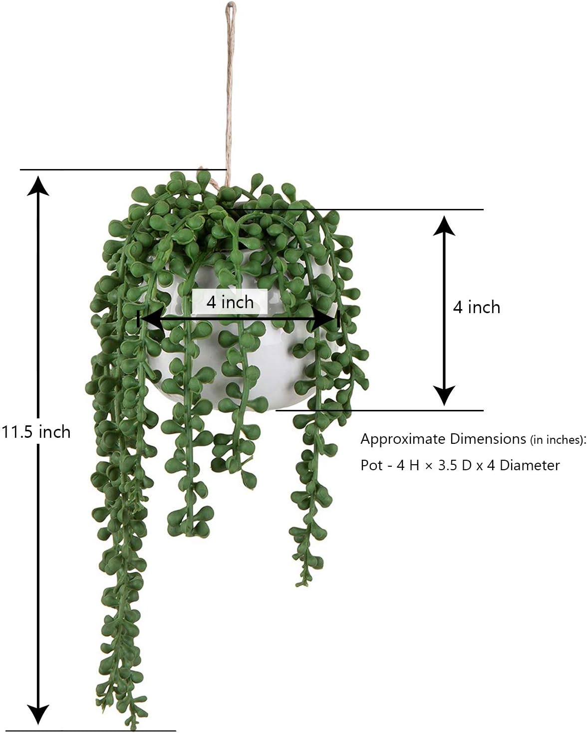 MyGift Artificial Faux String of Pearls Plants in White Ceramic Wall Hanging Planter Pot with Jute Rope, Set of 3