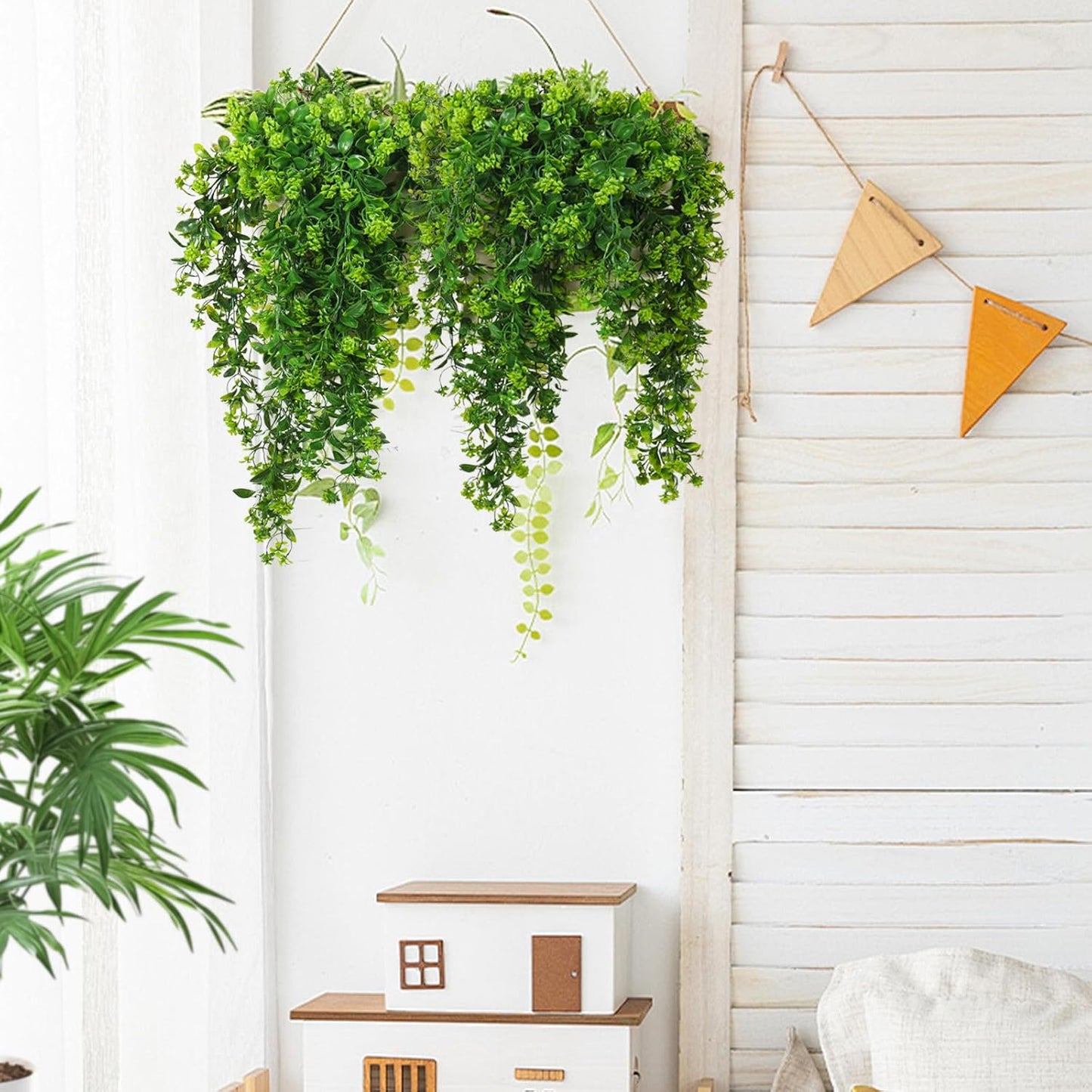 SJL Fake Hanging Plants 3pcs Hanging Plants with Flowers Artificial Greenery Faux Ivy Vine Leaves UV Resistant Plastic Plant Faux Greenery Vine Plant for Wall Home Indoor Outdoor Decor (Green)