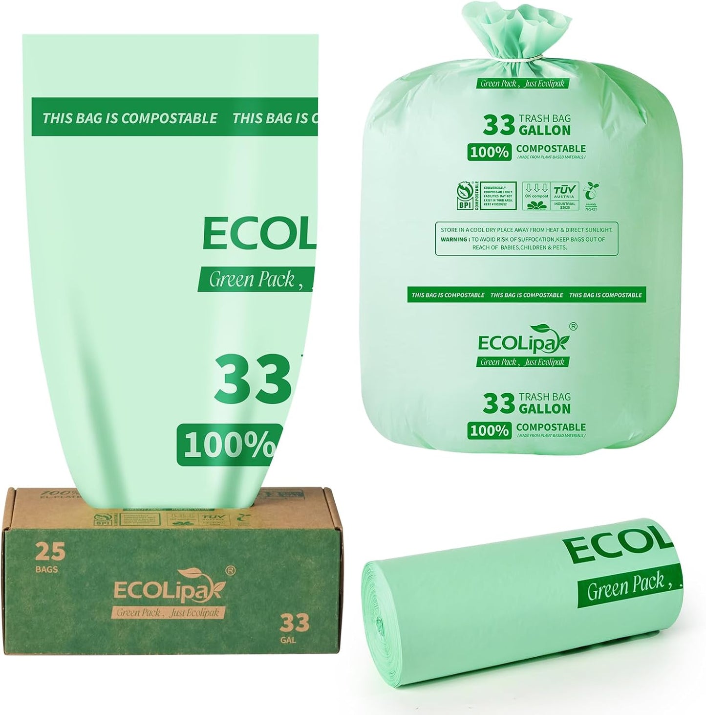 ECOLipak 33 Gallon Compostable Trash Garbage Bags, 25 Count (1 Roll) Biodegradable Heavy Duty Large Outdoor Trash Bags for Lawn/Yard, US BPI ASTM D6400 and OK Compost Home Certified