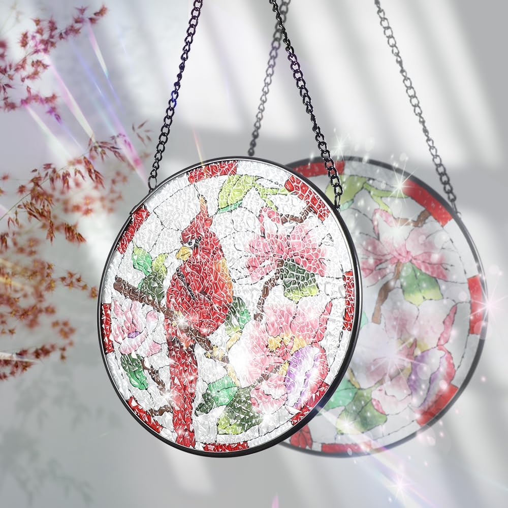 Vindar Cardinal Suncatcher Stained Glass, Stained Glass Window Hanging, Memorial Gifts for Women, Red Bird Ornament Suncatchers, Decor Gift for Mom, Bird Lover