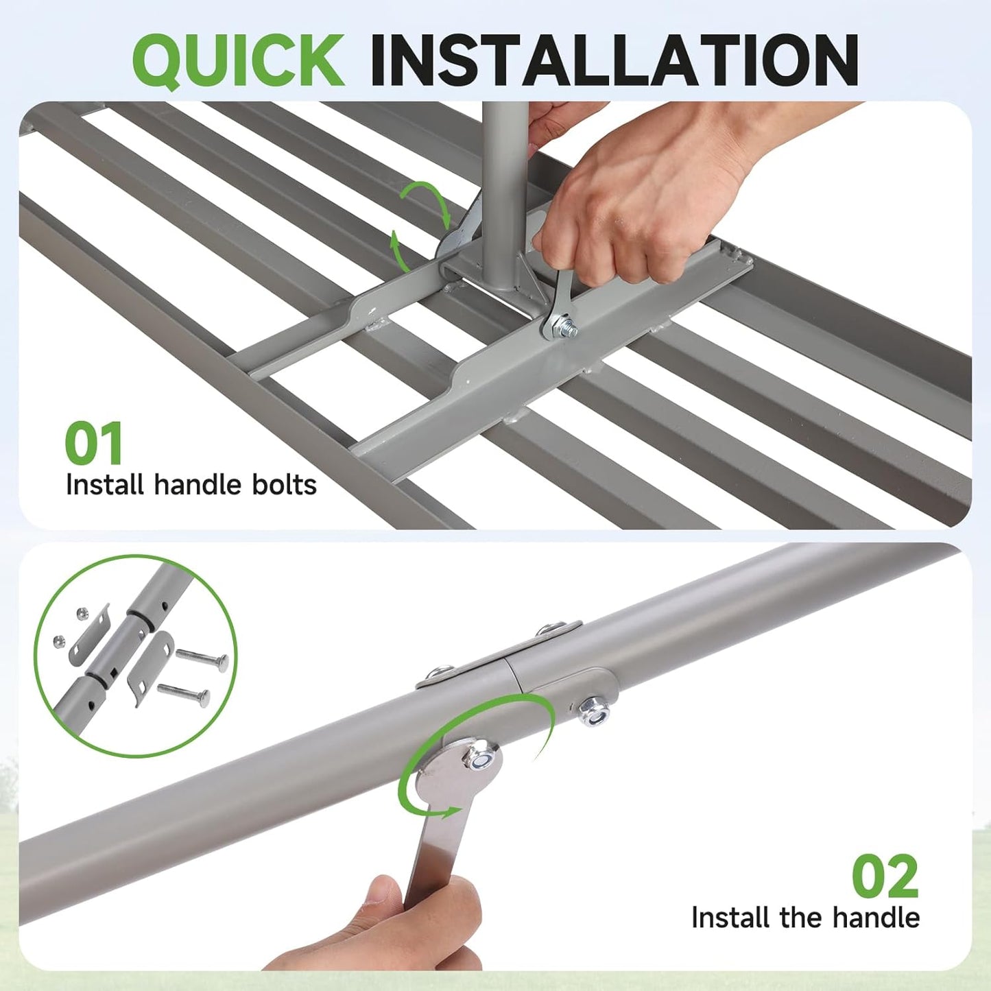 Lawn Leveling Rake – Heavy-Duty Galvanized Steel Yard Leveling Rake with Adjustable 36x12 Inch Rack Head & Extendable 52-78 Inch Handle, Rust-Resistant, All-Welded, Gloves Included