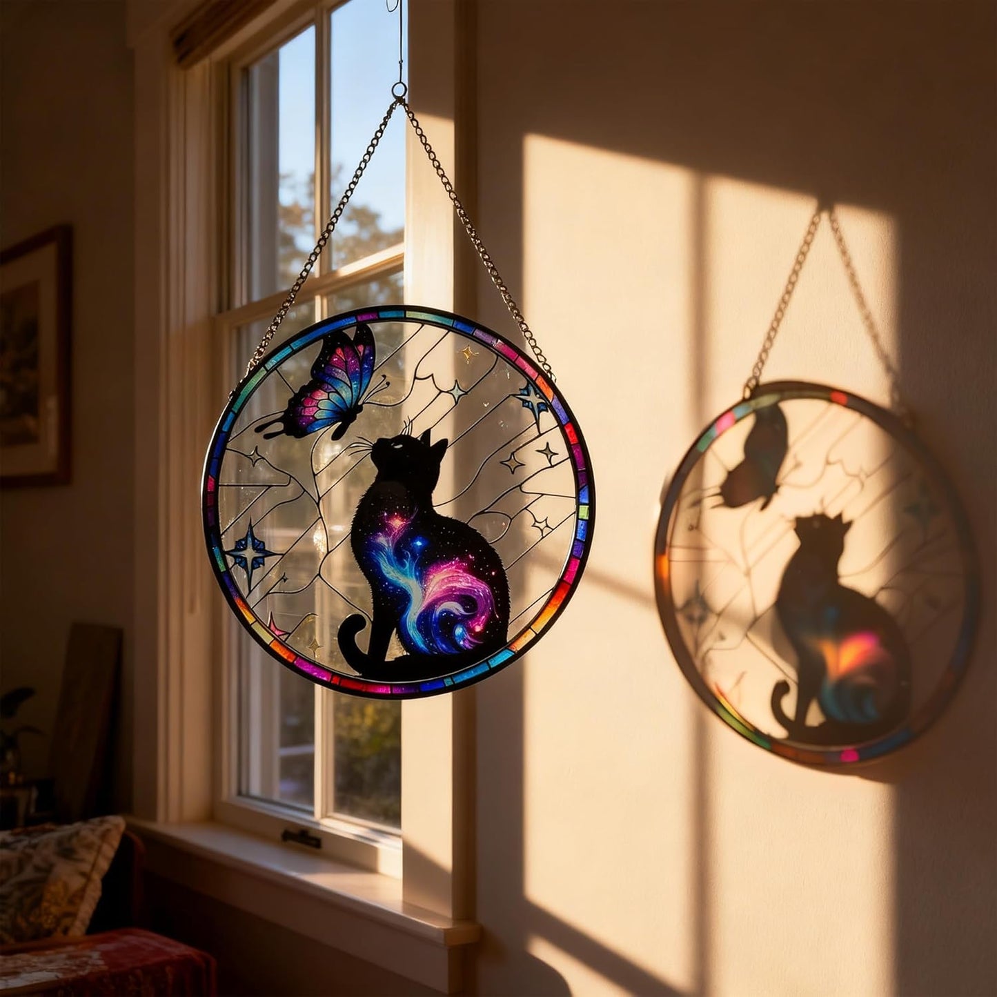 Black Cat Stained Glass Window Hanging, 9.8'' Black Cat & Butterfly with Nebula Design Suncatcher Indoor Outdoor Home Decor for Cats Lovers, Gift for Halloween