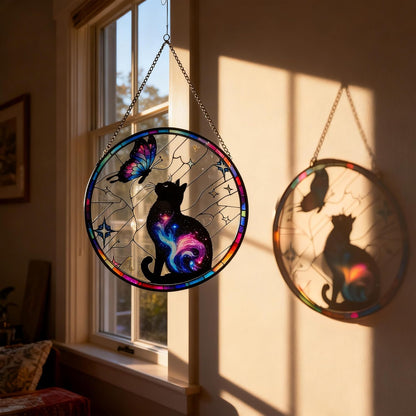 Black Cat Stained Glass Window Hanging, 9.8'' Black Cat & Butterfly with Nebula Design Suncatcher Indoor Outdoor Home Decor for Cats Lovers, Gift for Halloween