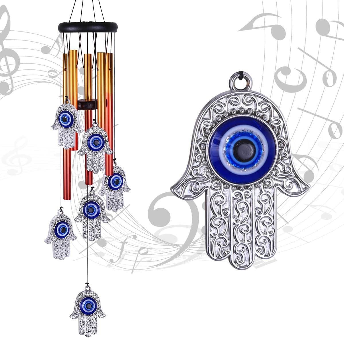 Blue Evil Eye Hand of Fatima Wind Chimes Outdoor Decoration, Evil Eye Wind Bells, Hamsa Hand Windcatcher, Fatima's Holy Hand Blue Evil Eye Amulet Wind Chimes for Home,Gift for Mom,Balcony,Patio,Garden