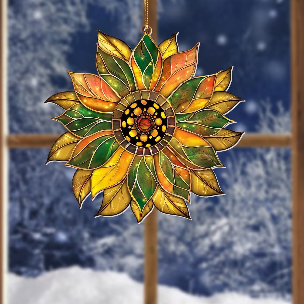 Stained Glass Acrylic Sunflower Ornament – Colorful Glass Sun Catcher for Windows, Christmas Tree Decoration 2025, Hanging Holiday & Everyday Décor Gift(Sun-22)