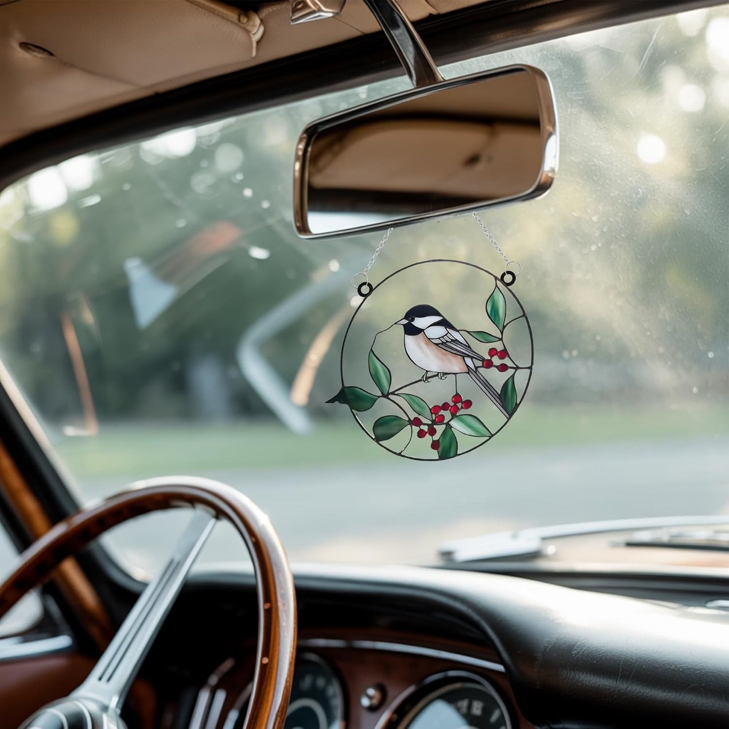 Chickadee Bird Acrylic Suncatcher Stained Glass Effect Window Car Hanging Christmas Ornament Indoor Outdoor Decor Garden Sun Catcher Panel Gifts for Bird Lover for Women Mom Grandma