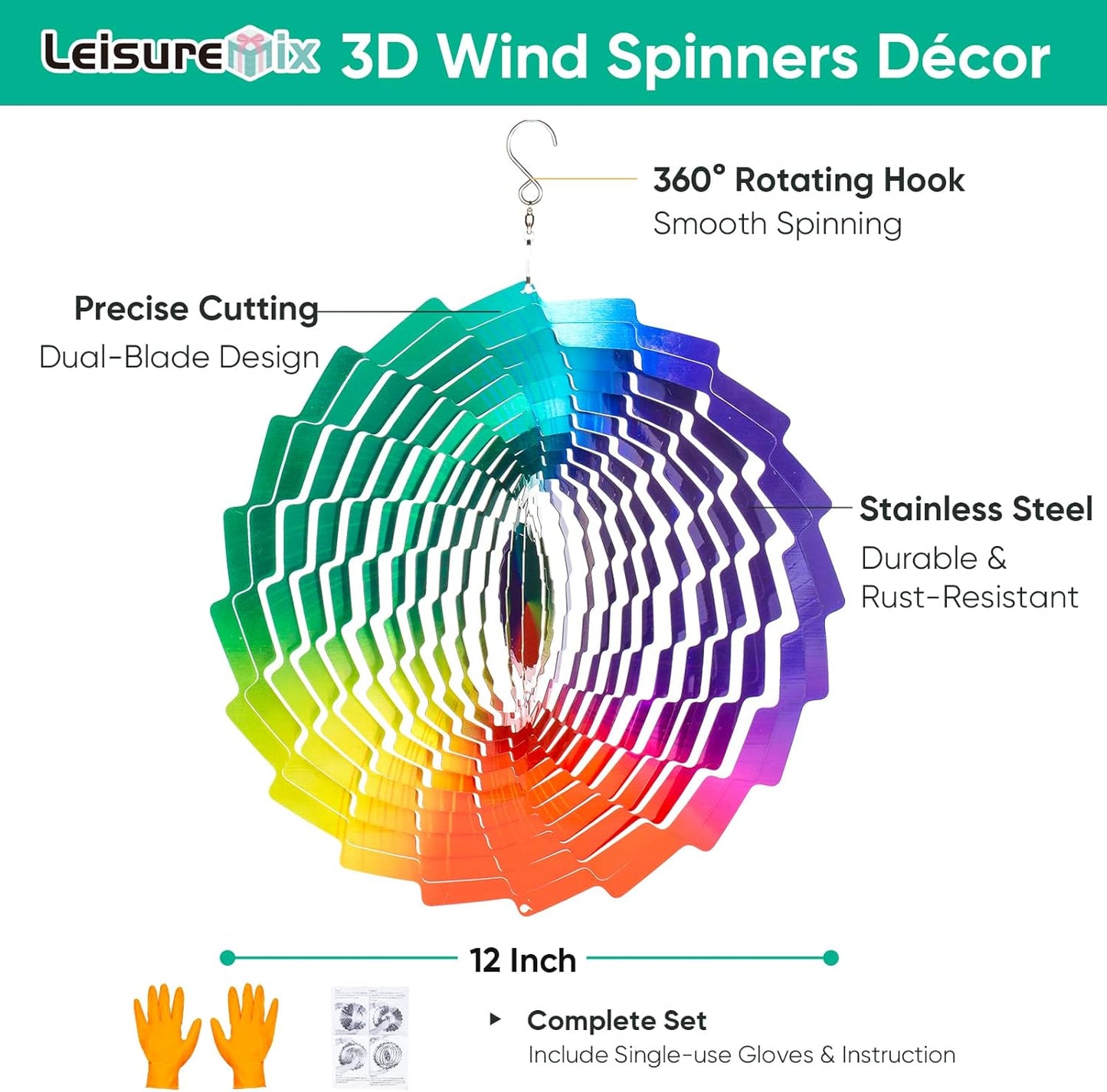 Wind Spinners Rainbow Hanging Metal Wind Sculpture Art Garden Decor, 12 inch 3D Stainless Steel Wind Spinner Decoration for Outdoor Patio Lawn and Yard