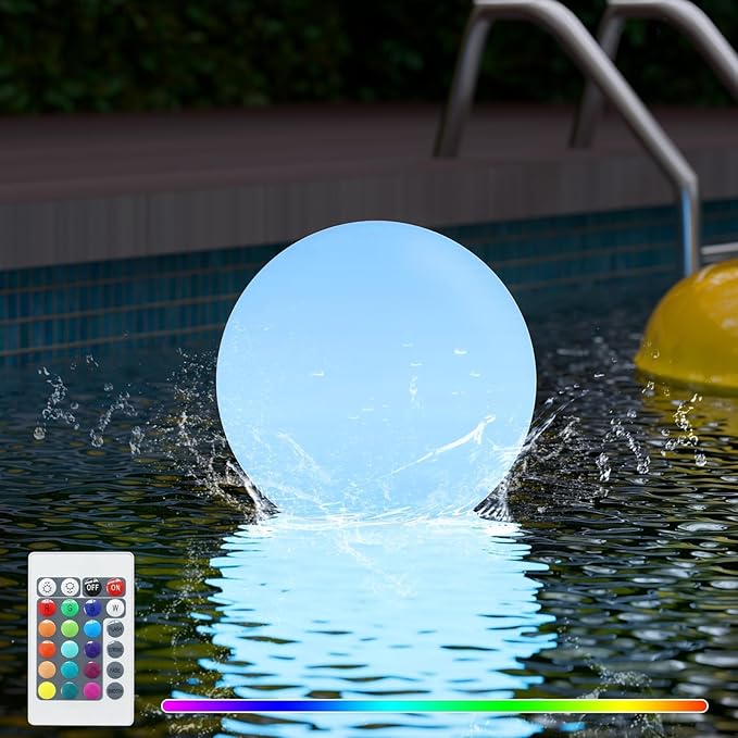 FUYO LED Ball Light, 10-inch Solar Light Up Pool Balls, Rechargeable & Remote Control Globe Lights 16 RGB Colors Mood Night Light, IP66 Water-Resistant Floating Light for Pool, Party, Pond - 1pcs