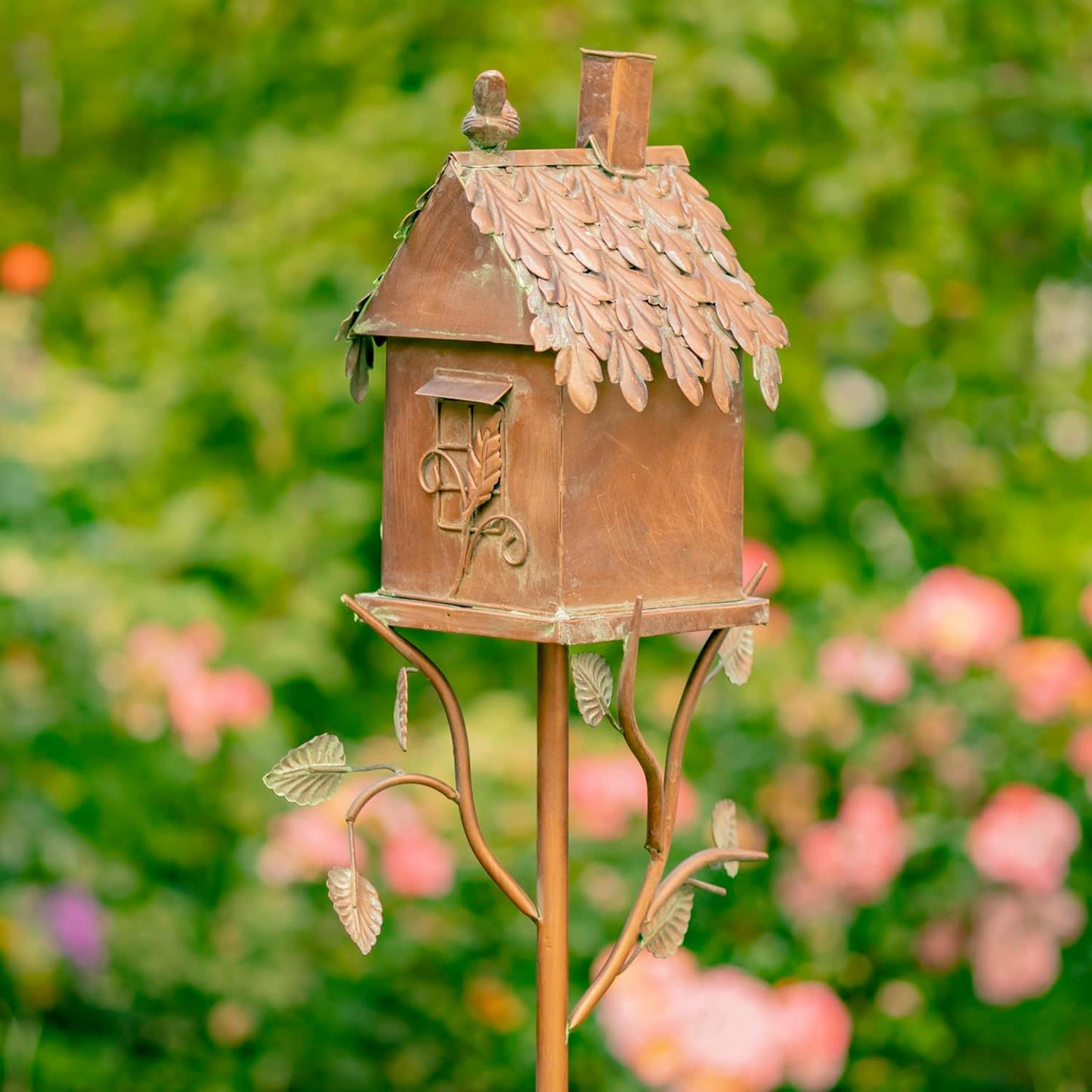 Copper Color Bird House Garden Stake with Ornate Style Roof (Rectangular)