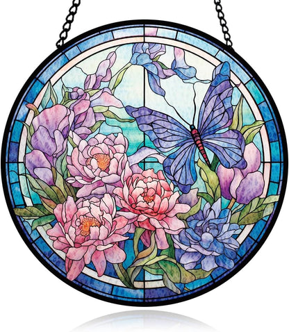 Purple Butterfly Stained Glass Window Hanging, Purple Suncatcher Panel for Indoor Outdoor, Violet Glass Ornament for Balcony, Porch Wall Decor, Ornament Gifts for Girls Boys Birthday, Housewarming