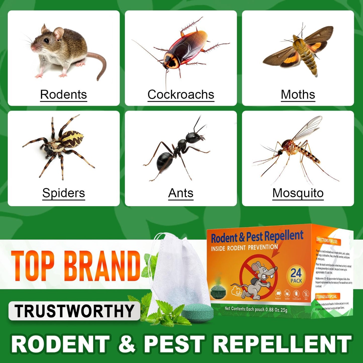 Rodent Mouse Repellent Indoor Outdoor - Peppermint Oil to Repel Mice Mole and Rats, Bug Insect Spider Repellent Pouches, Pest Control Natural Deterrent Safe for Pets & Family 24 Packs