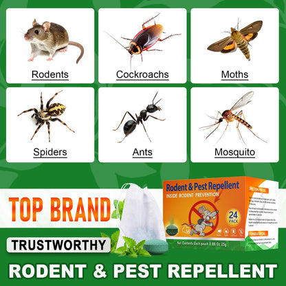 Rodent Mouse Repellent Indoor Outdoor - Peppermint Oil to Repel Mice Mole and Rats, Bug Insect Spider Repellent Pouches, Pest Control Natural Deterrent Safe for Pets & Family 24 Packs