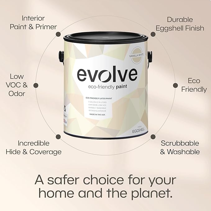 EVOLVE Paint & Primer: Environment-friendly, Low Sheen with One-coat Coverage for Interior & Exterior surfaces (Vanilla White, 5-Gallon)