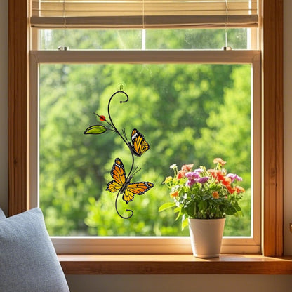 Suncatcher for Window, 2 Butterfly Stained Glass Window Suncatcher Hanging Colorful Pendant Ornament Sun Catchers Indoor Home and Garden Christmas Party Wedding Decoratio