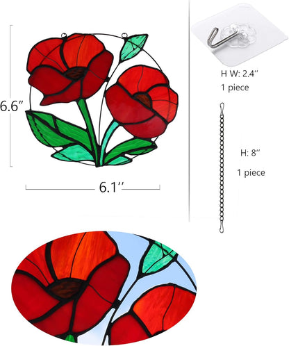 Red Flowers Stained Glass Window Hanging,Artificial Poppy Flower Suncatcher Wall Art Decor,Red Poppy Modern Artwork Hanging Decorations for Bedroom Living Room,Memorial Gift