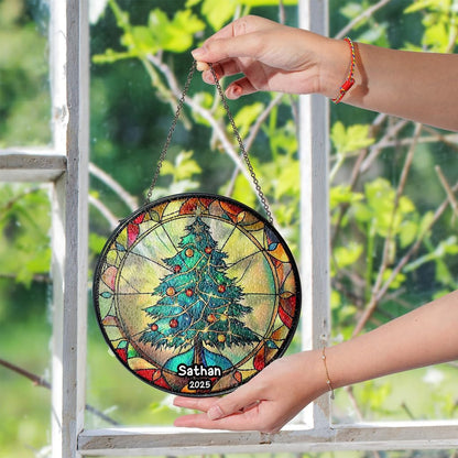 Personalized Stained Glass Christmas Tree Suncatcher, Christmas Handcraft Holiday Ornament with Name and Number, Gift for Family or Friend, Gift for Décor