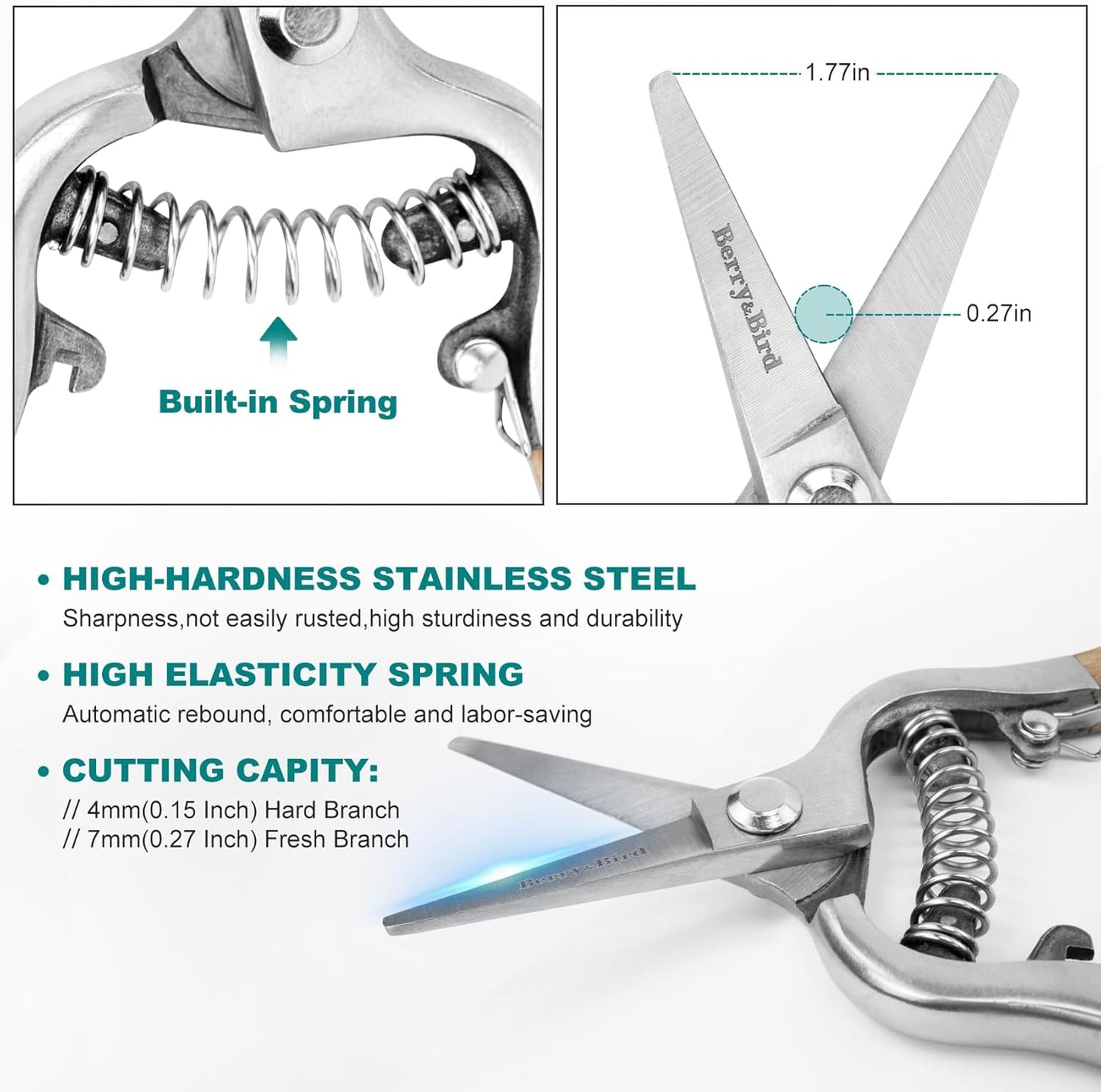 Berry&Bird Straight Pruning Shears with Stainless Steel Blades Garden Hand Pruner 8'' Scissors with Wooden Handle Clippers for Gardening Trimming Cutting Bonsai