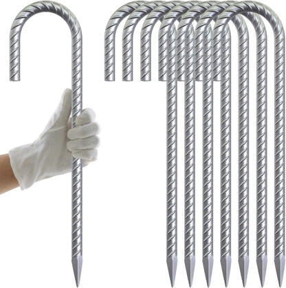AAGUT 12 Inch Galvanized Rebar Tent Stakes 3/8" J Hook 8 Pack, Chain Link Fence Stakes Canopy Yard Landscape Garden Staples, Heavy Duty Metal Steel Ground Anchors
