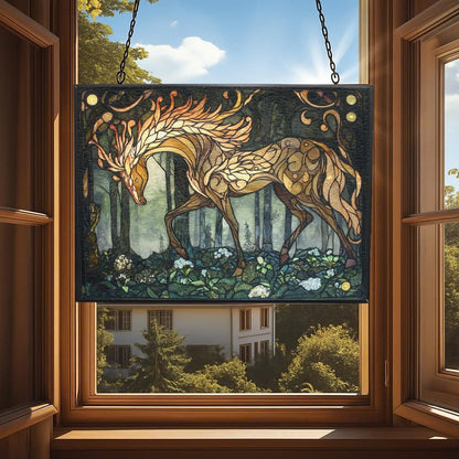 Rectangle Art Nouveau Glade Kirin Stained Glass Sun Catcher Mountain Stained Glass Window Hanging, Suncatchers Lavender Wall Decor, for Women/Friends/Lover