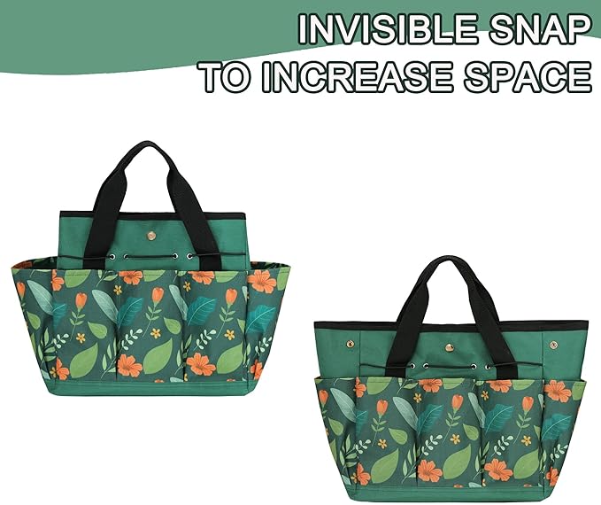 Garden Tool Bag, Portable Garden Tote Bag with Handle, Oxford Garden Tool Organizer Bag, Ideal Gardening Gifts for Wife and Parents, Tools Not Included(Green Flower)