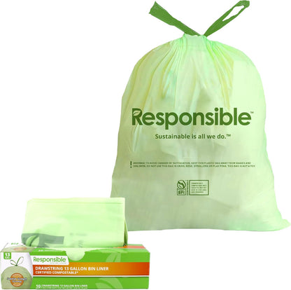 Responsible Products Kitchen Bin Liners, Certified Compostable, Heavy Duty Multipurpose Food Scrap Bags, Made from Compostable Materials (13 Gallon Drawstring, 13 Gallon (10 Count))