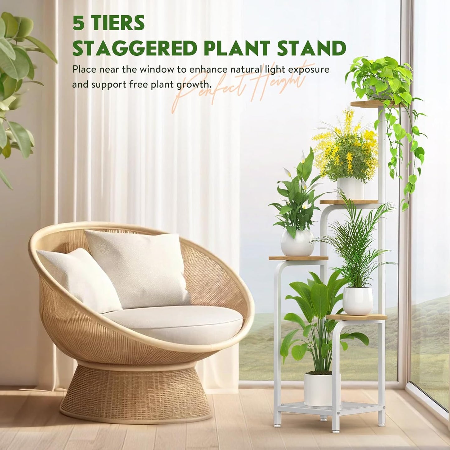 TOSKING 5 Tier Metal Plant Stand Indoor 48''H Tall ,Heavy Duty Plant Shelf , Corner Shelf Flower Pot Stand for Outdoor Plant Stand for Living Room Balcony Garden Patio Bedroom (5 Tier-White and Wood)
