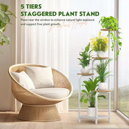 TOSKING 5 Tier Metal Plant Stand Indoor 48''H Tall ,Heavy Duty Plant Shelf , Corner Shelf Flower Pot Stand for Outdoor Plant Stand for Living Room Balcony Garden Patio Bedroom (5 Tier-White and Wood)