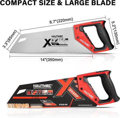 HAUTMEC 14" X-Sharp Compact Hand Saw for Cuts Comfort, Quality and Accuracy, Fine-Cut Handsaw with 12 TPI Triple-Ground Teeth and 1mm Thickened Large Blade, Bi-Material Ergonomic Handle – HT0295