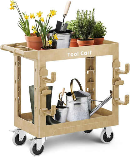 Heavy Duty Garden Tool Carts,600LBS Capacity 2 Tier Yard Tool Storage Rack with Side Hooks Garage Tool Cart with 360°Swivel Wheels Outdoor Garden Tool for Shed, Yard, Garage,Sand