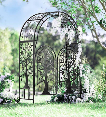 Plow & Hearth Metal Tree of Life Arched Garden Arbor w/Gate | Laser-Cut Design | Plant Support | Landscape Focal Point | Steel | 53" W x 22¾"D x 84" H