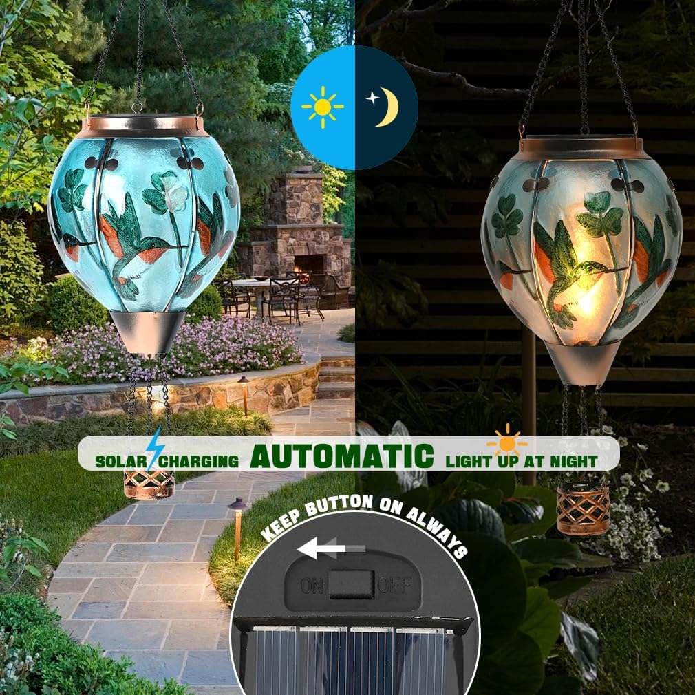 Hot Air Balloon Solar Lantern - Hummingbird Glass Lantern, Simulated Flickering & Dancing Flame, Outdoor Hanging Shamrock Yard Light Waterproof IP65 for Patio Lawn Porch Decor Irish Gift