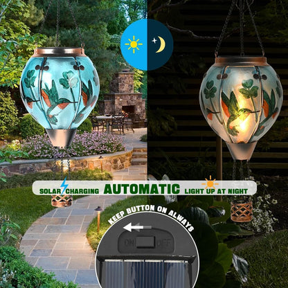 Hot Air Balloon Solar Lantern - Hummingbird Glass Lantern, Simulated Flickering & Dancing Flame, Outdoor Hanging Shamrock Yard Light Waterproof IP65 for Patio Lawn Porch Decor Irish Gift
