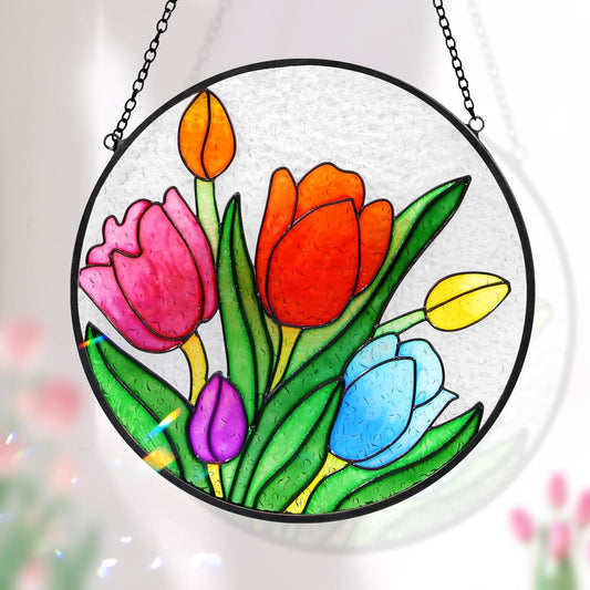 Tuitessine Tulip Suncatcher Stained Glass Window Hanging Panels, 6.3''x6.3'' Round Handmade Hanging