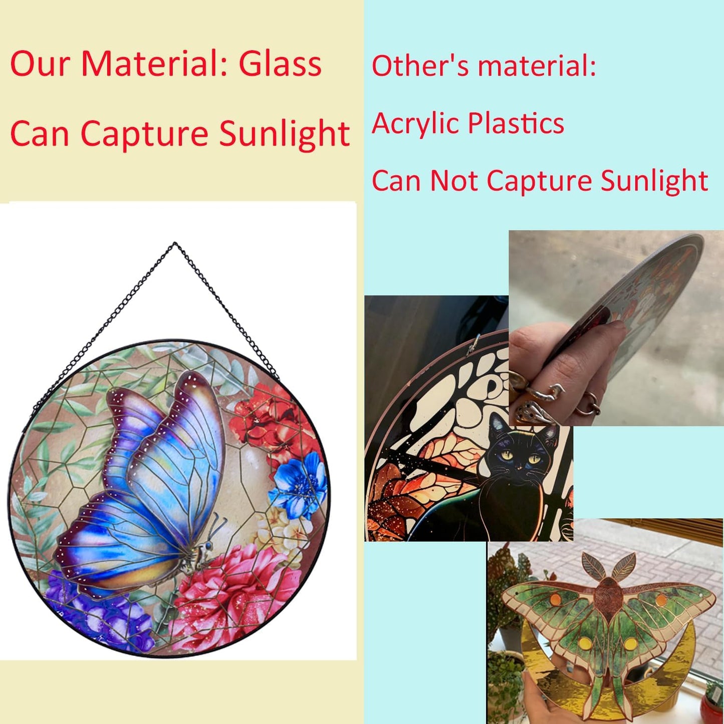 Butterfly Hanging Stained Glass for Windows,20cm/7.87inch Hand-Painted Sun Catcher Garden Hangings Christmas Mother's Day, Valentine's Day Ornaments Festival Gift (B Style)