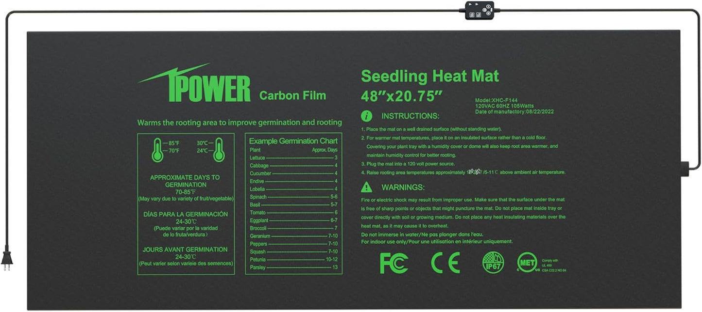 iPower 48"x20.75" Seedling Heat Mat with Built-in Temperature Controller, MET Certified Waterproof Plant Heating Pad, for Germination, Breeding, Brewing