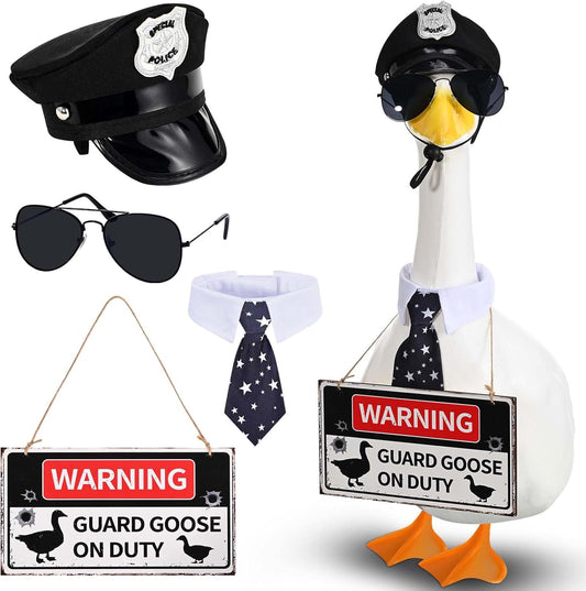Police Goose Outfits 23” Cement Porch Goose Police Hat Eyeglasses Tie Wooden Warning for Yard and