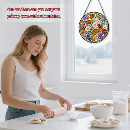 Flower Stained Glass Window Hanging, Suncatcher Diamond Glass Panel Hangings, Wildflower Colorful Sun Catchers Indoor Windows Wall Art, Gift for Mom Grandma, Christmas Decor for Home Office7.87 inches