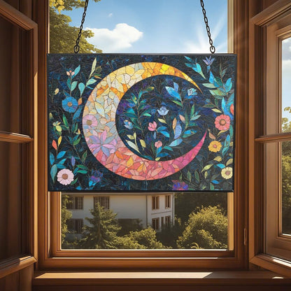 Personalized Rectangle Boho Crescent Moon Florals Stained Glass Window Hanging, Stained Glass Window Decor Suncatcher for Women, Home Décor