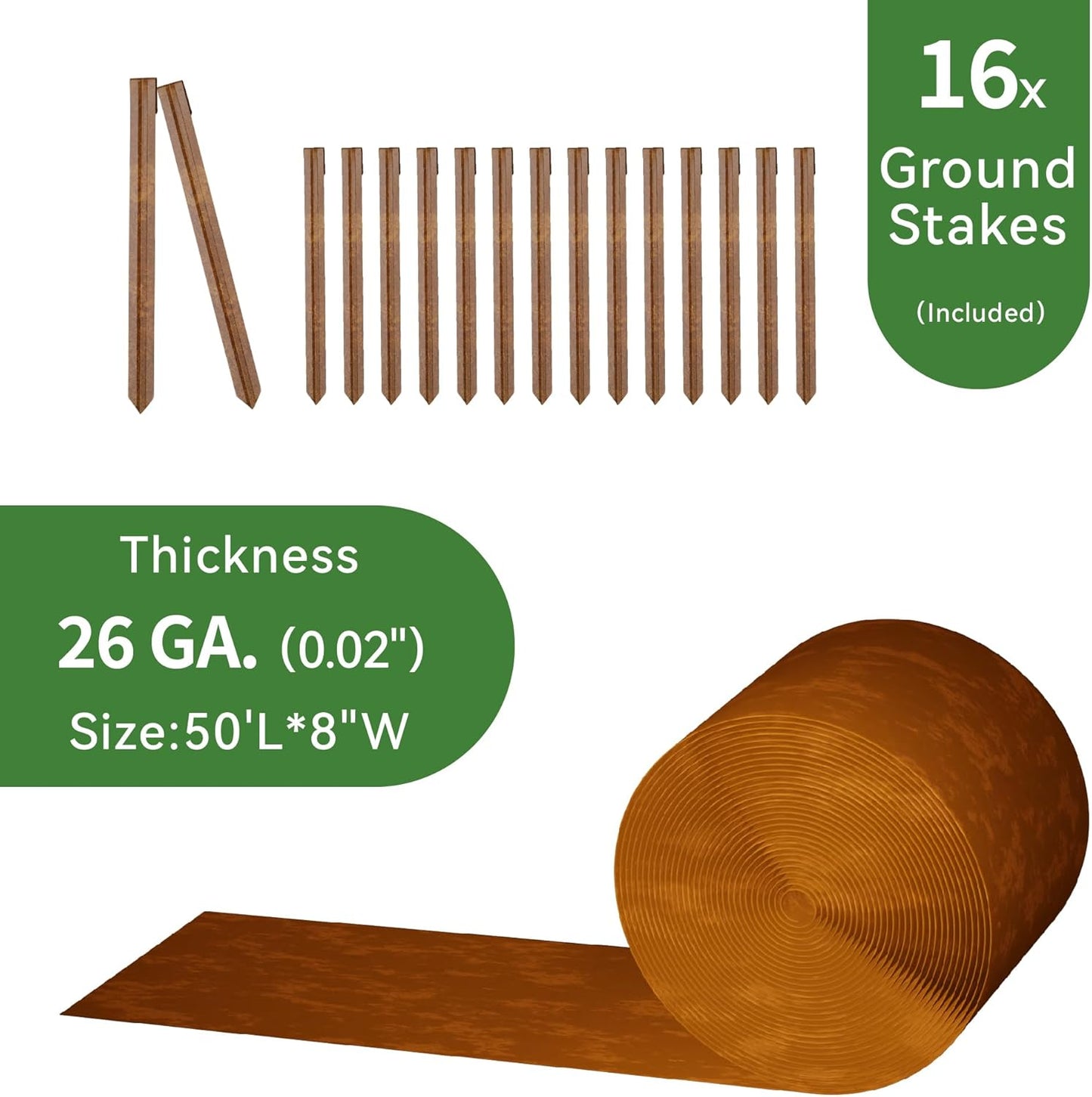 Worth Galvanized Steel Landscape Edging 8" x50' Metal Garden Edging Roll Flexible Bender Border with 16Pcs Stakes for Lawn, Flower Bed Edges, Rust-Colored Painted