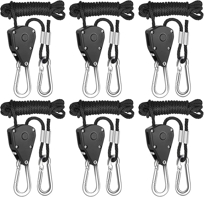 Rope Clip Hanger, 6 Packs 1/8 in Reinforced Adjustable Height Anti-Loose Design Gears Clip for Growing Light Fixtures, Hanging Plants, 8 FT Length 150lbs Weight Capacity