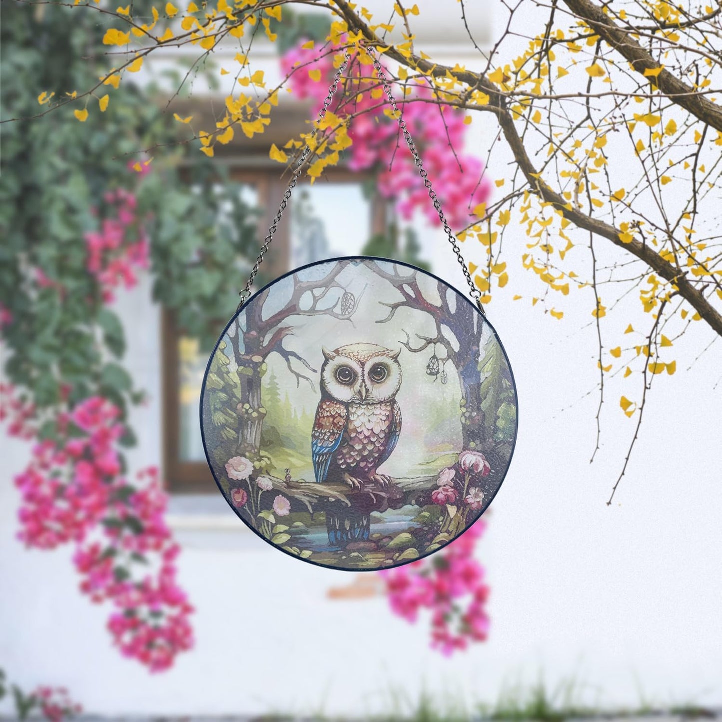 Launching at 12", Hand Painted Owl Stained Glass Hanging, Includes Metal Chain